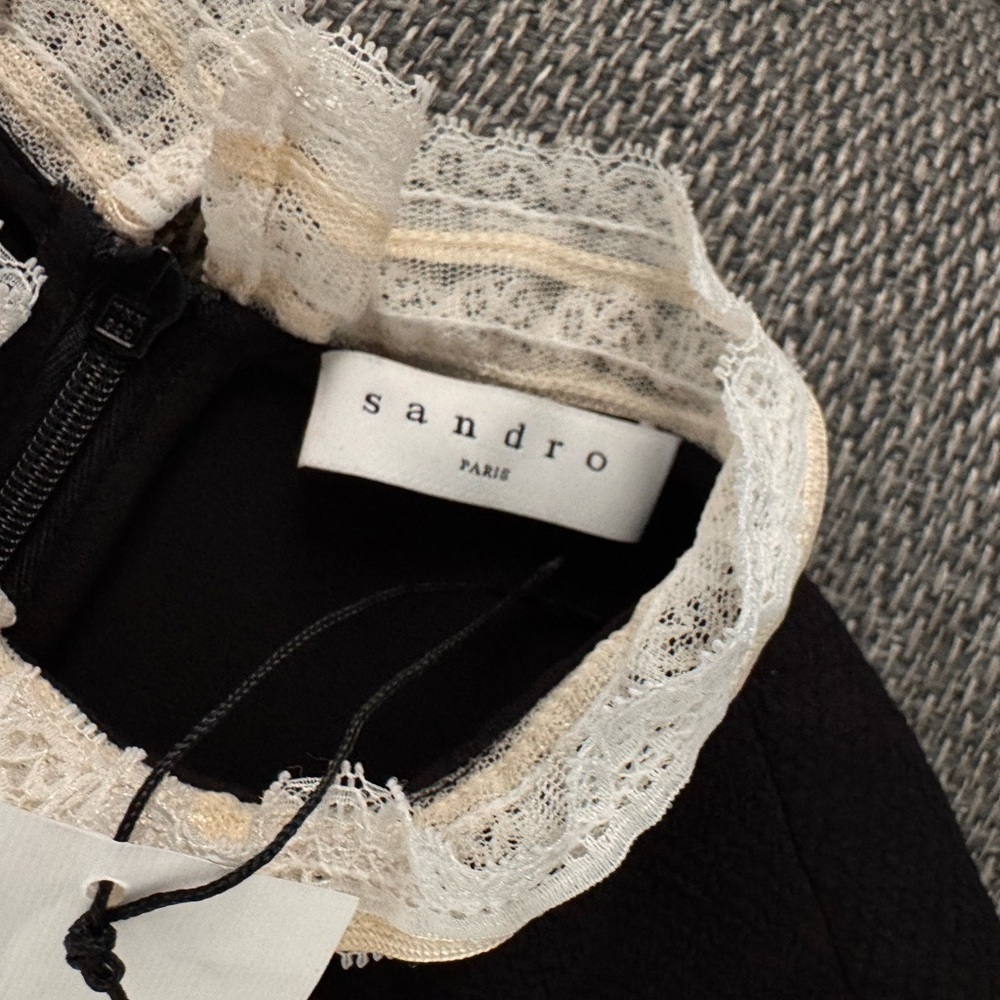 Sandro Black Mini Dress with White Lace Bib Trim Size 34 NWT - Picture 10 of 12